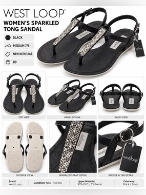 WEST LOOP WOMEN’S THONG SANDALS – BLACK SIZE MEDIUM 7/8 (NEW WITH TAGS) B9